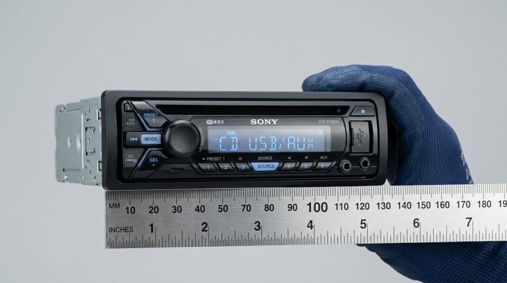 Close-up detail shot of a single-DIN car radio unit being he
