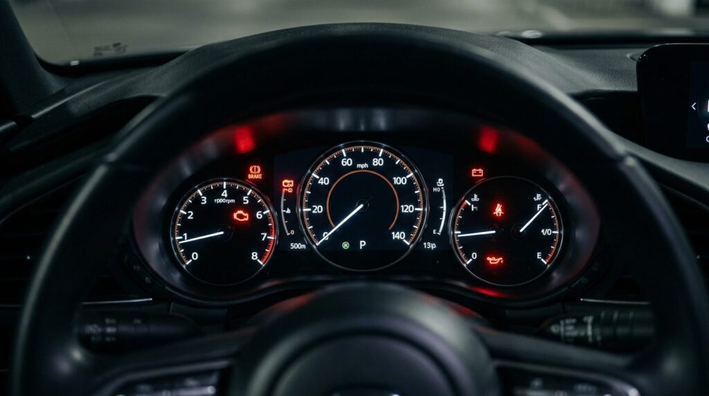 Realistic stock photo: Dashboard warning lights illuminated 