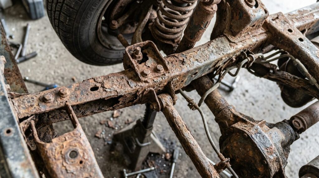 Professional automotive image: Overhead view of a rusted und