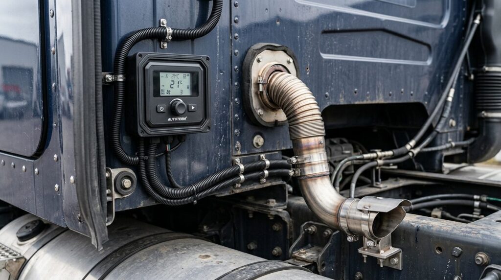 Close-up technical detail shot of Autoterm diesel parking he
