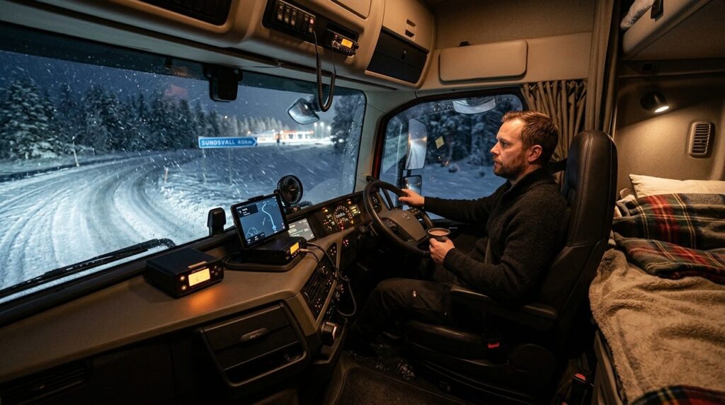 Interior cabin view of long-haul truck with warm ambient lig