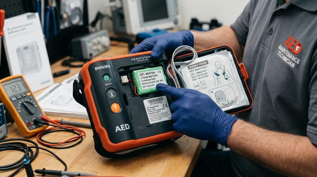 Close-up of hands holding an automated external defibrillato