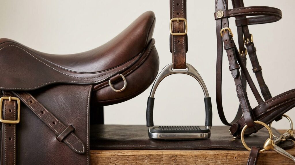 Close-up detailed shot of quality horse riding equipment inc