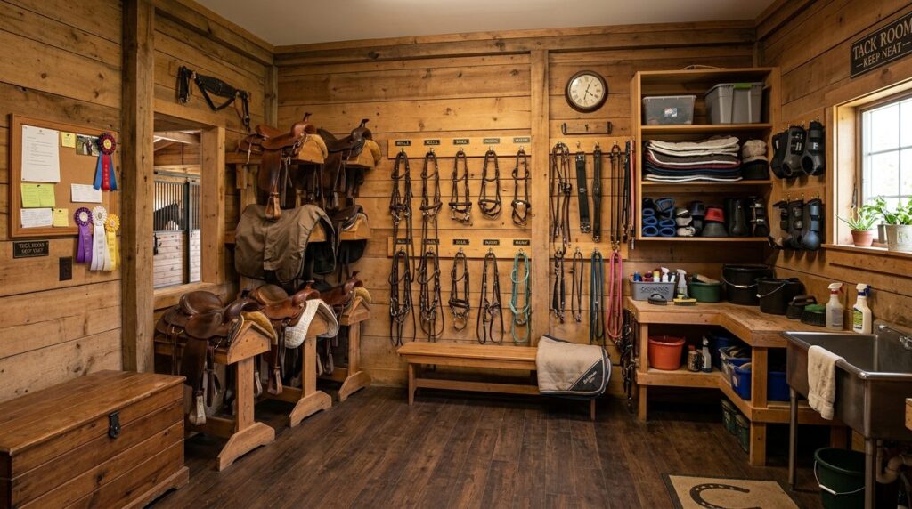 Wide shot of a well-organized horse stable tack room with va