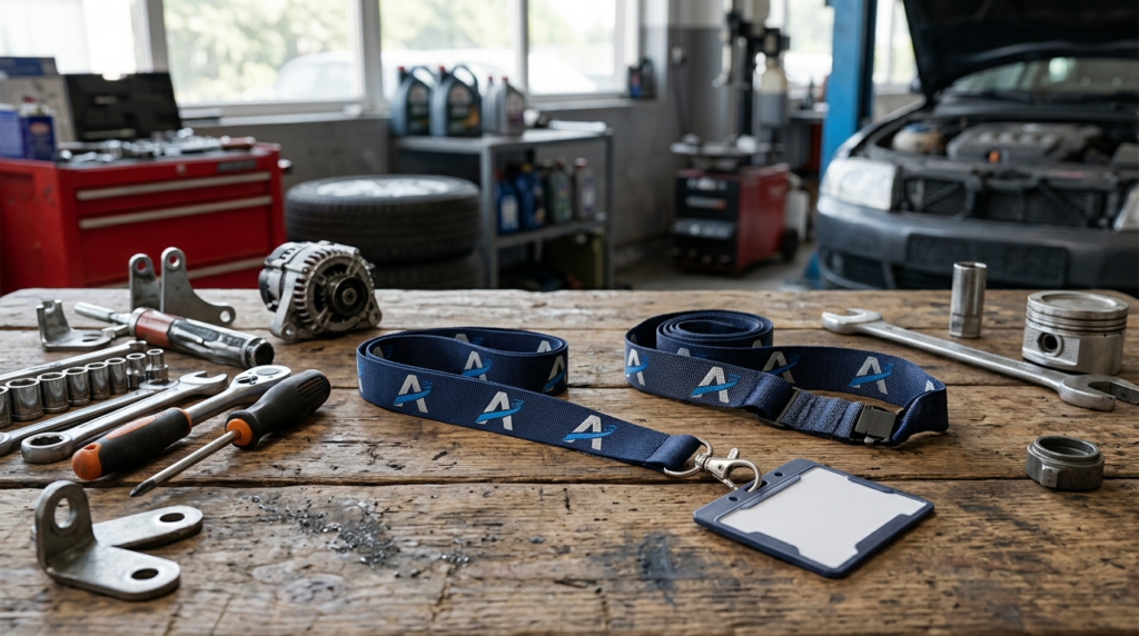 Corporate branded lanyards with logo displayed on wooden tab