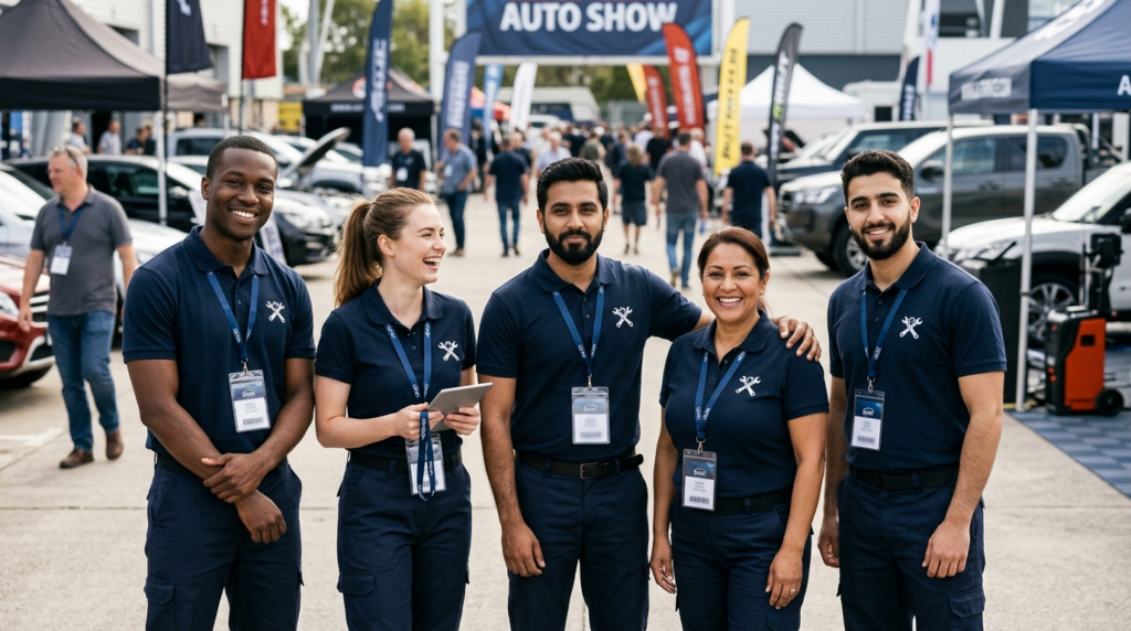 Group of car service professionals wearing matching branded