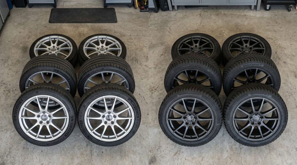 Detailed overhead shot of winter and summer car tire sets ar