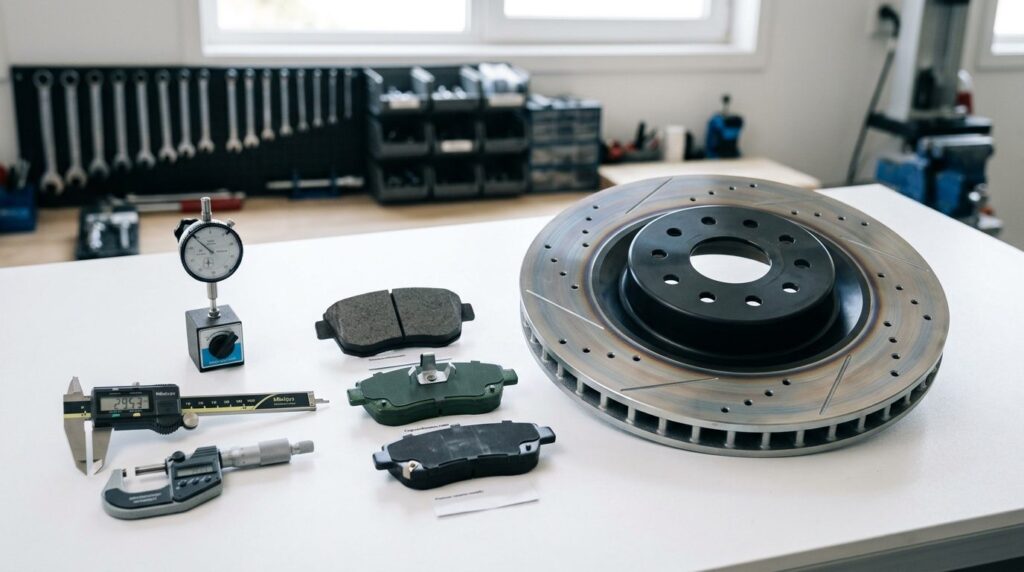 High-performance brake pad and rotor assembly laid out on a 