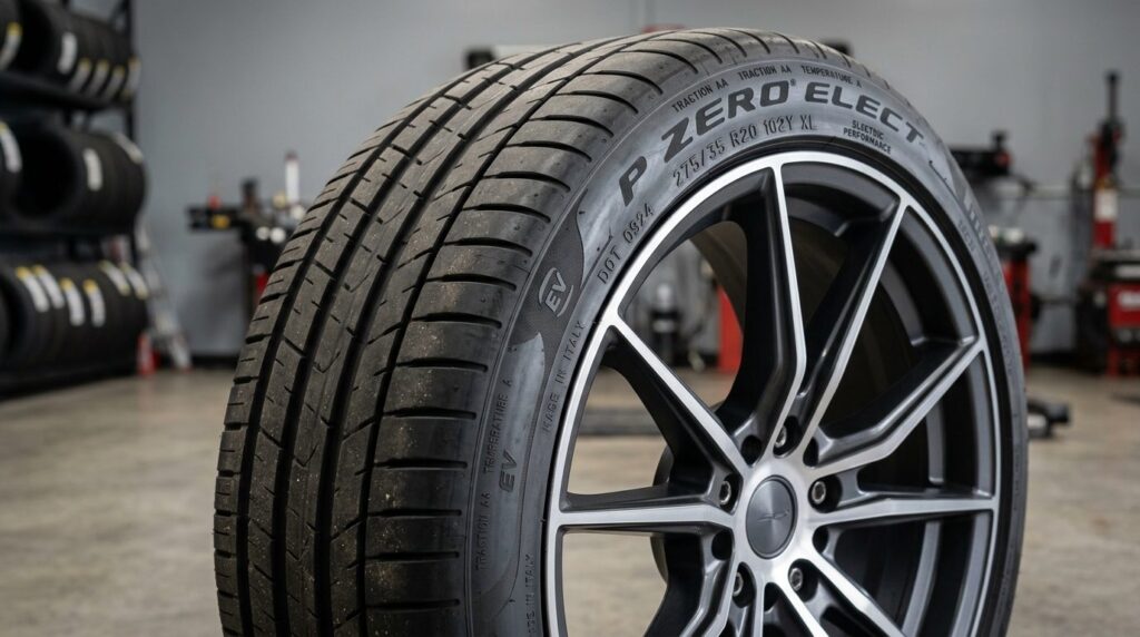 Close-up detail shot of a premium performance tire mounted o