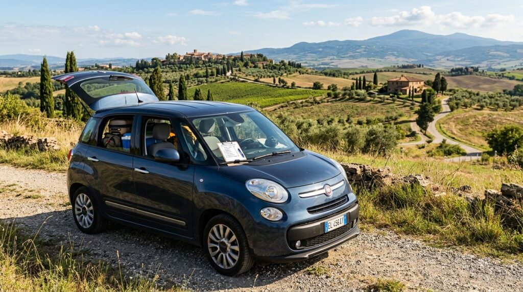 Travel-themed car preparation photography: compact rental ca