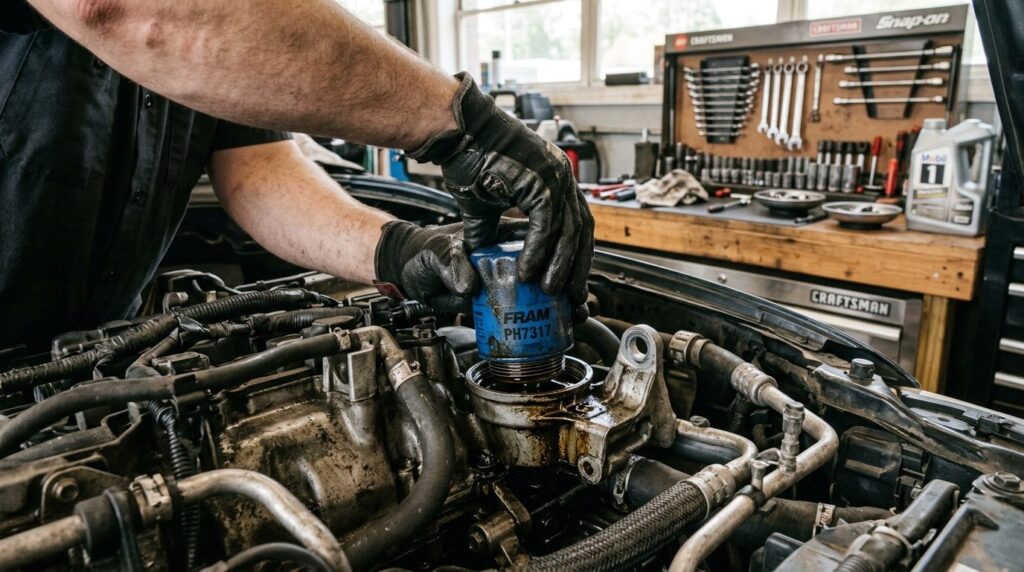 Close-up of skilled mechanics hands changing oil filter on