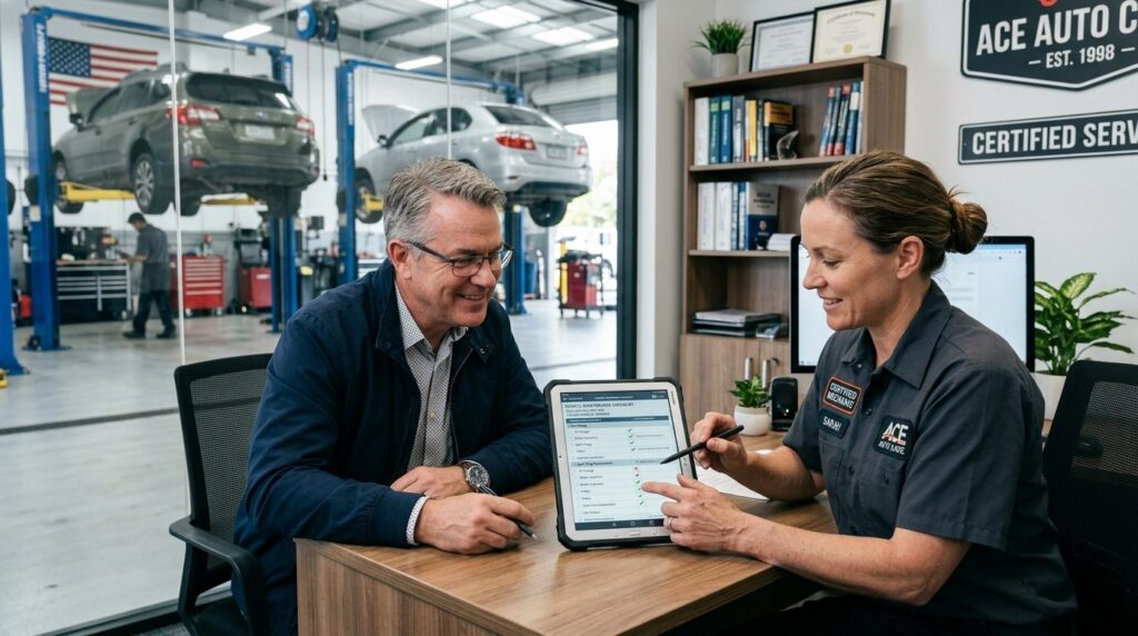 Middle-aged male car owner speaking with professional certif