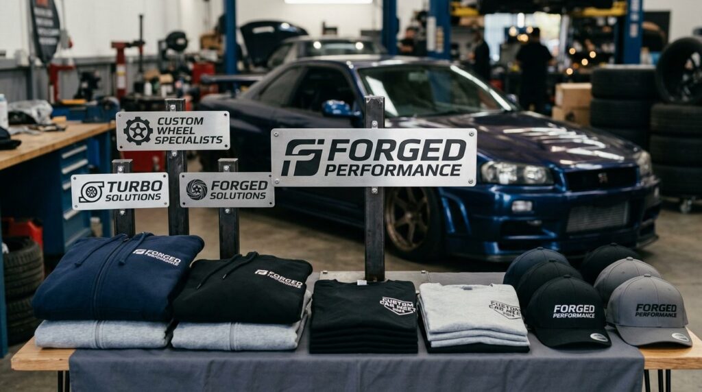 Close-up of professional custom car meet signage and metal b