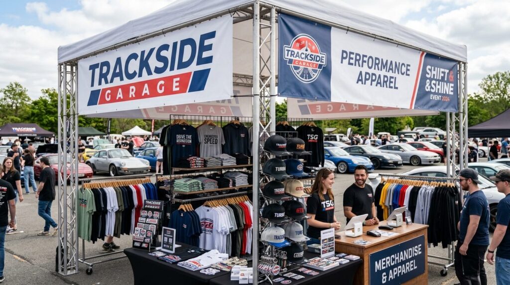 Wide shot of organized car enthusiast event merchandise boot