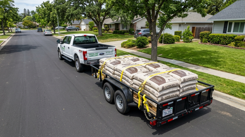 Aerial view of properly loaded landscape service trailer wit