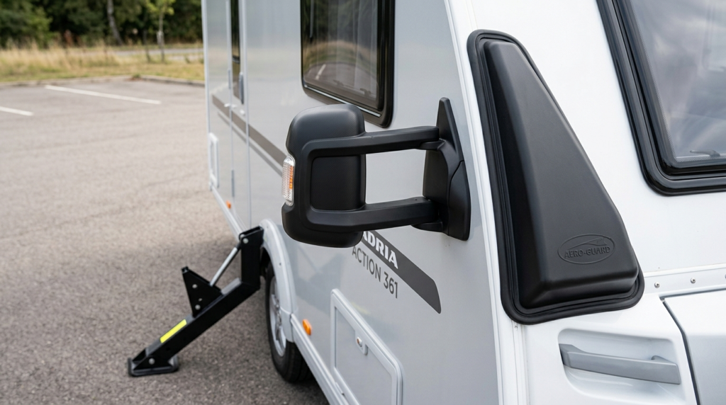Close-up detail shot of aerodynamic caravan accessories incl
