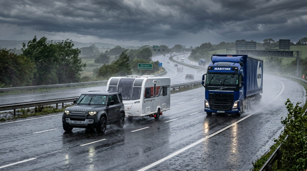 Wide-angle shot of a caravan traveling on a multi-lane highw