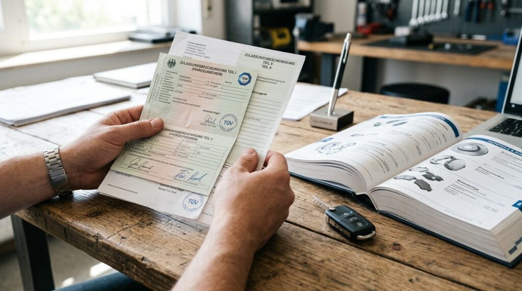 Close-up of hands holding German vehicle registration docume