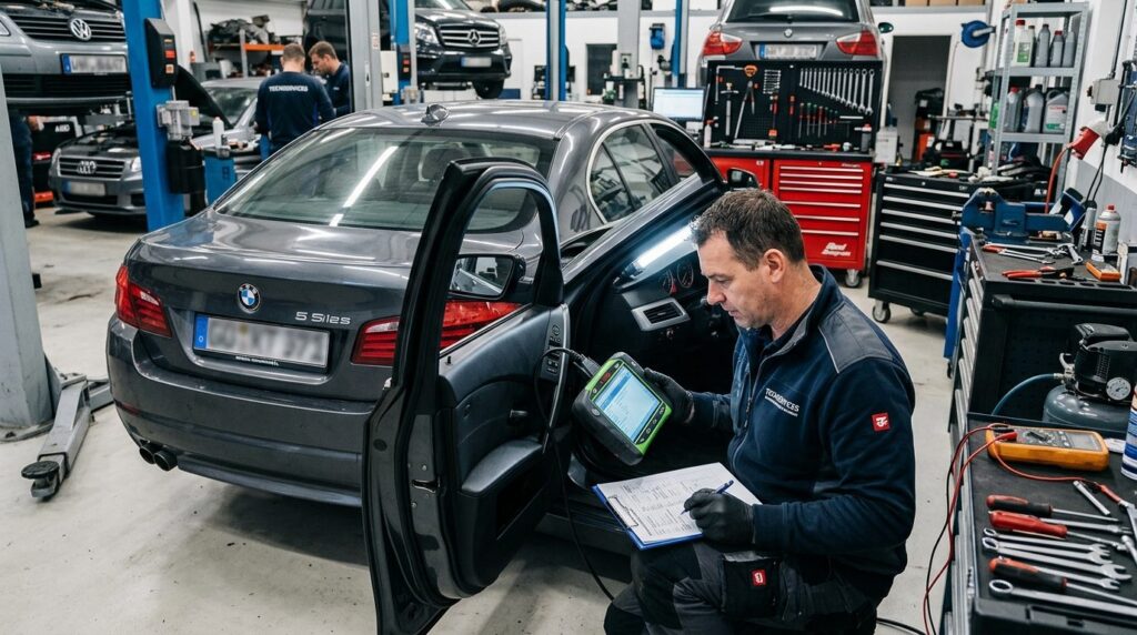 Detailed shot of a mechanic performing pre-import vehicle in