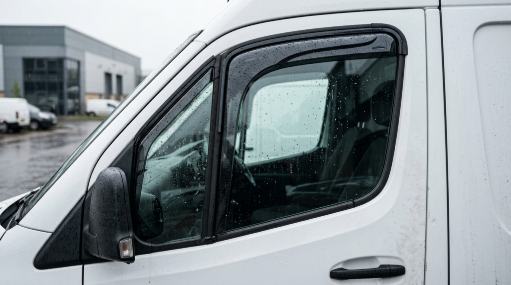 Close-up product photograph of a van window wind deflector i