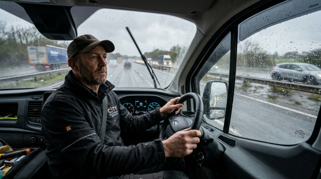 Action photograph of a commercial tradesman driving a work v